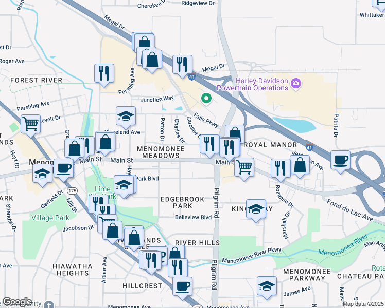 map of restaurants, bars, coffee shops, grocery stores, and more near N89W15703 Main Street in Menomonee Falls