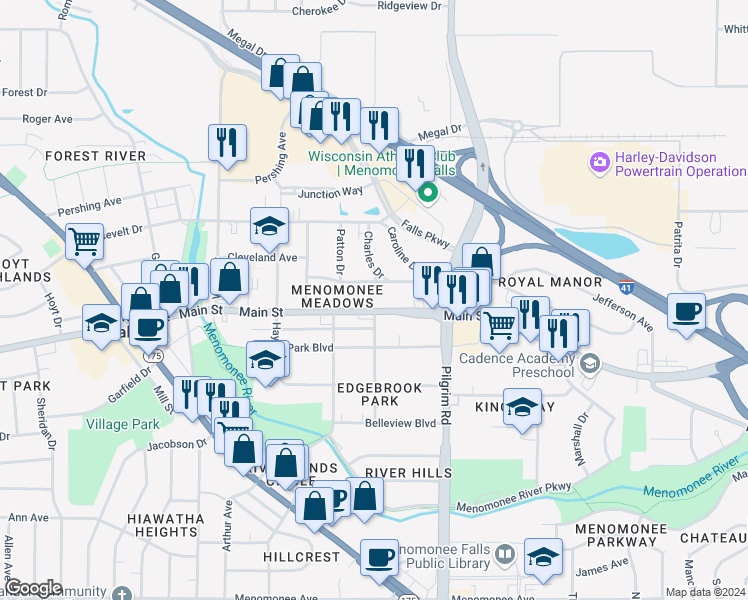 map of restaurants, bars, coffee shops, grocery stores, and more near N89W15883 Main Street in Menomonee Falls