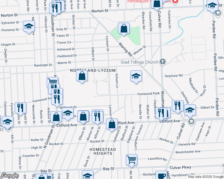 map of restaurants, bars, coffee shops, grocery stores, and more near 148 Lyceum Street in Rochester