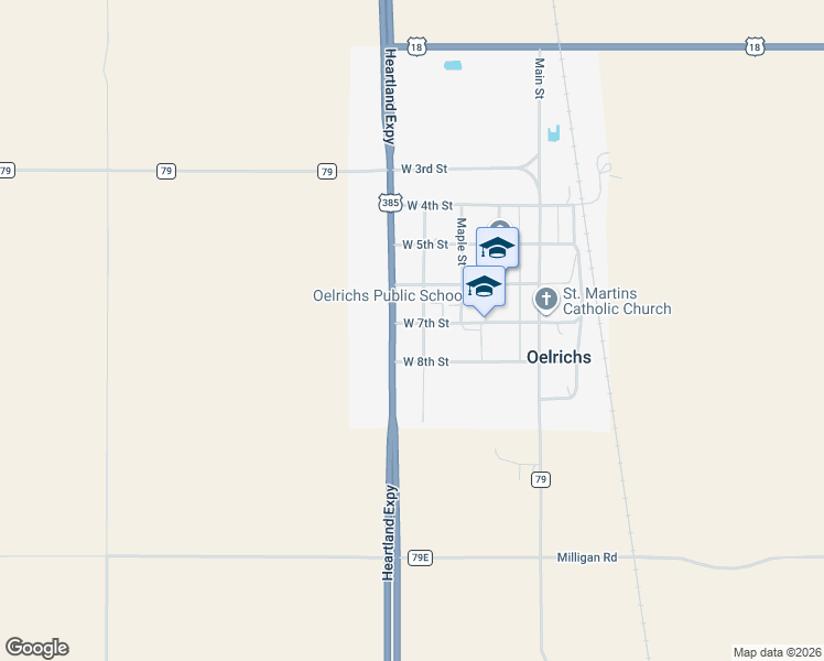 map of restaurants, bars, coffee shops, grocery stores, and more near 783 U.S. 385 in Oelrichs