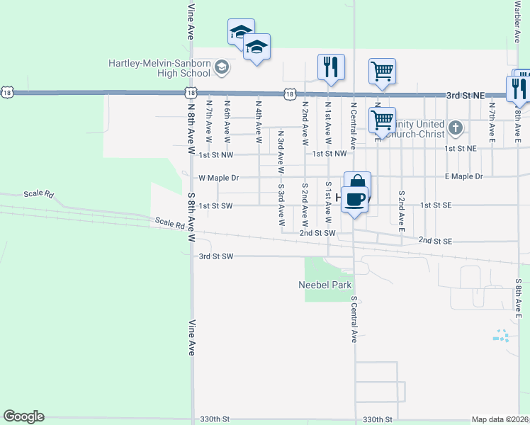 map of restaurants, bars, coffee shops, grocery stores, and more near 151 South 3rd Avenue West in Hartley