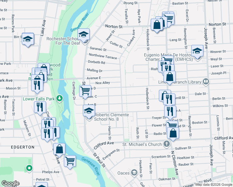 map of restaurants, bars, coffee shops, grocery stores, and more near 156 Avenue C in Rochester