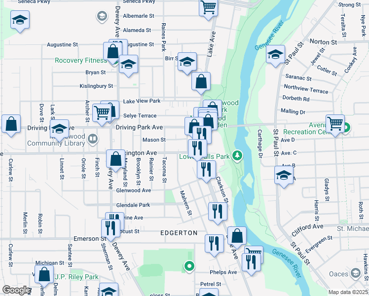 map of restaurants, bars, coffee shops, grocery stores, and more near 9 Thorn Street in Rochester