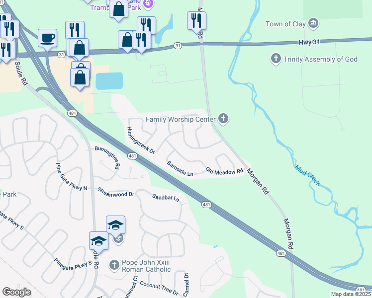 map of restaurants, bars, coffee shops, grocery stores, and more near 4287 Old Meadow Road in Clay