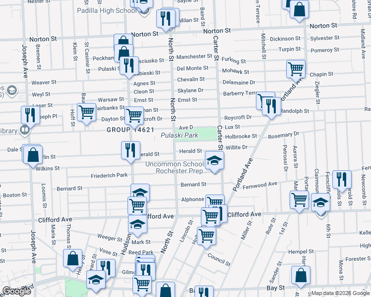 map of restaurants, bars, coffee shops, grocery stores, and more near 1112 North Street in Rochester