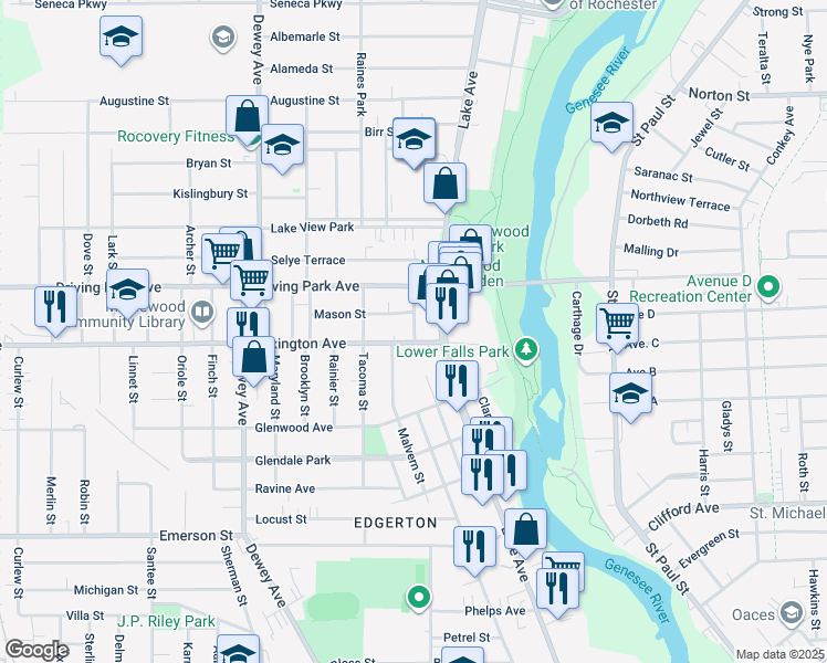 map of restaurants, bars, coffee shops, grocery stores, and more near 11 Thorn Street in Rochester