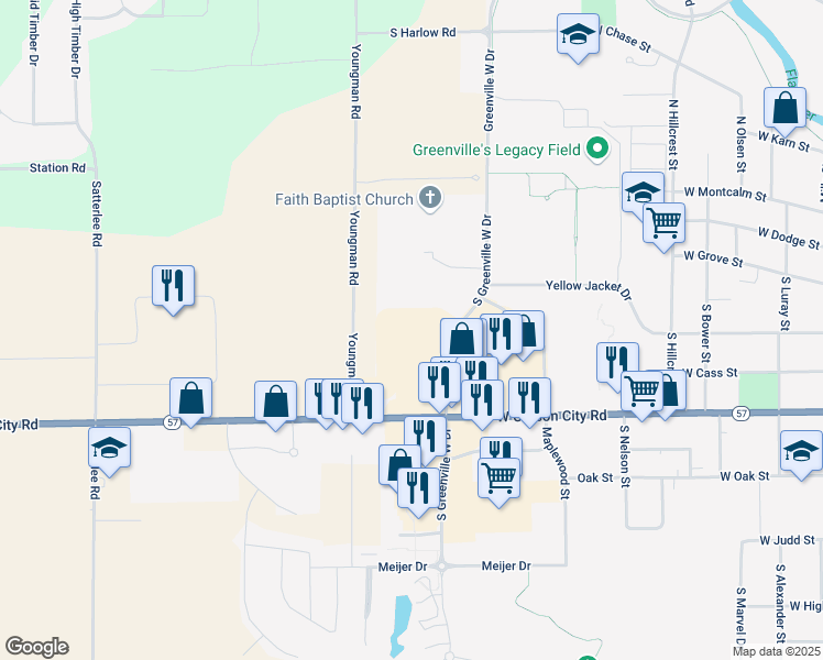 map of restaurants, bars, coffee shops, grocery stores, and more near 205 South Greenville West Drive in Greenville