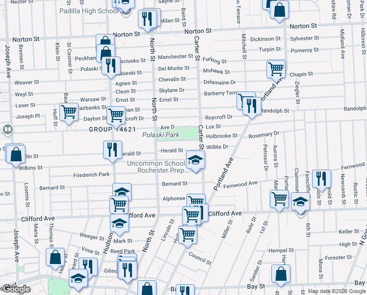 map of restaurants, bars, coffee shops, grocery stores, and more near 612 Wilkins Street in Rochester