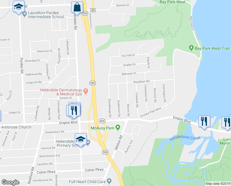 map of restaurants, bars, coffee shops, grocery stores, and more near 96 Sydenham Road in Rochester