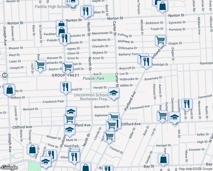 map of restaurants, bars, coffee shops, grocery stores, and more near 612 Wilkins Street in Rochester