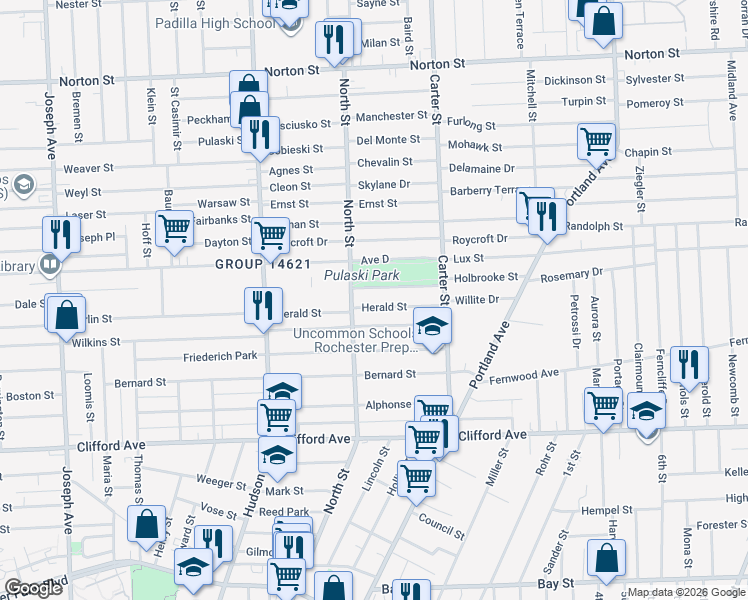 map of restaurants, bars, coffee shops, grocery stores, and more near 1112 North Street in Rochester