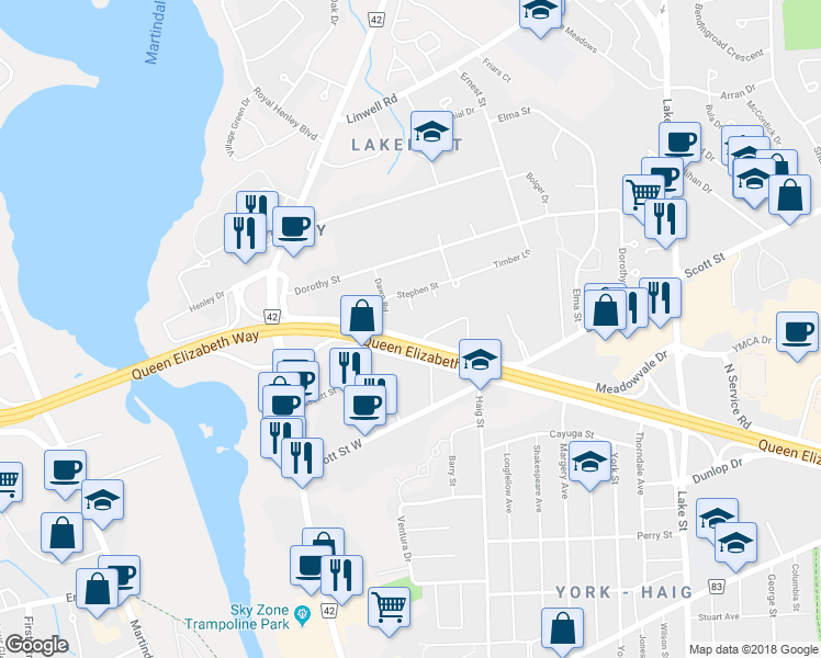 map of restaurants, bars, coffee shops, grocery stores, and more near 21 Maywood Avenue in St. Catharines