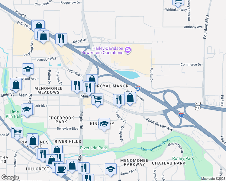map of restaurants, bars, coffee shops, grocery stores, and more near N89W15243 Cleveland Avenue in Menomonee Falls