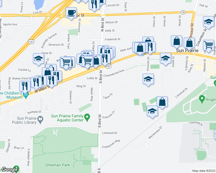 map of restaurants, bars, coffee shops, grocery stores, and more near 245 South Bird Street in Sun Prairie