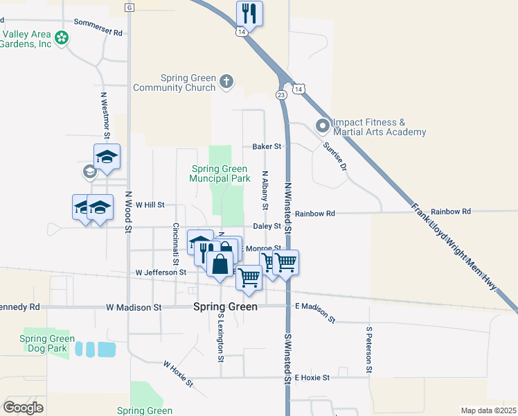 map of restaurants, bars, coffee shops, grocery stores, and more near 197 Daley Street in Spring Green