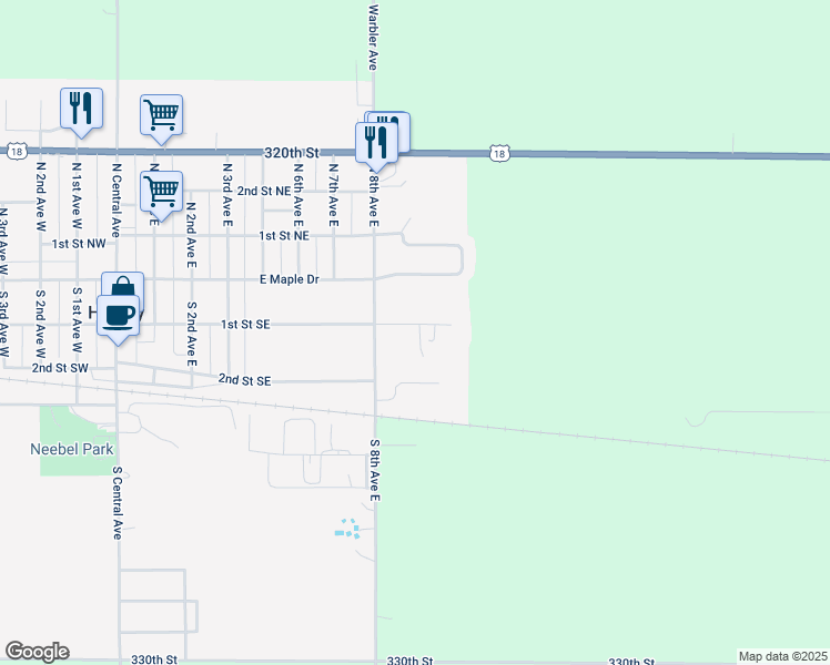 map of restaurants, bars, coffee shops, grocery stores, and more near 150 South 8th Avenue East in Hartley