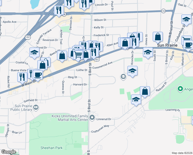 map of restaurants, bars, coffee shops, grocery stores, and more near 245 South Bird Street in Sun Prairie