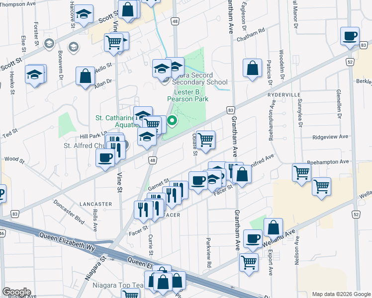map of restaurants, bars, coffee shops, grocery stores, and more near 40 Chalmers Street in St. Catharines