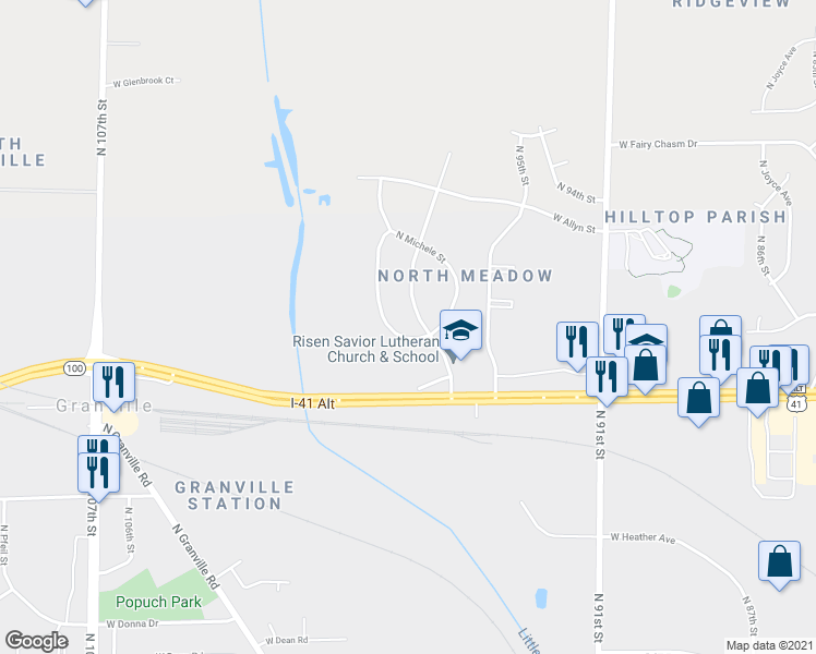 map of restaurants, bars, coffee shops, grocery stores, and more near 9620 West Beatrice Street in Milwaukee
