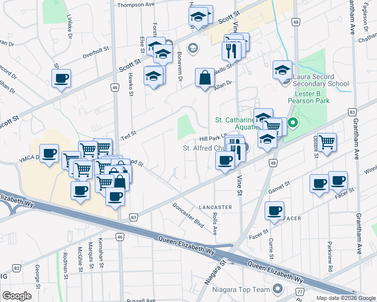 map of restaurants, bars, coffee shops, grocery stores, and more near 48 Hill Park Lane in St. Catharines