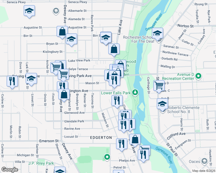 map of restaurants, bars, coffee shops, grocery stores, and more near 18 Thorn Street in Rochester