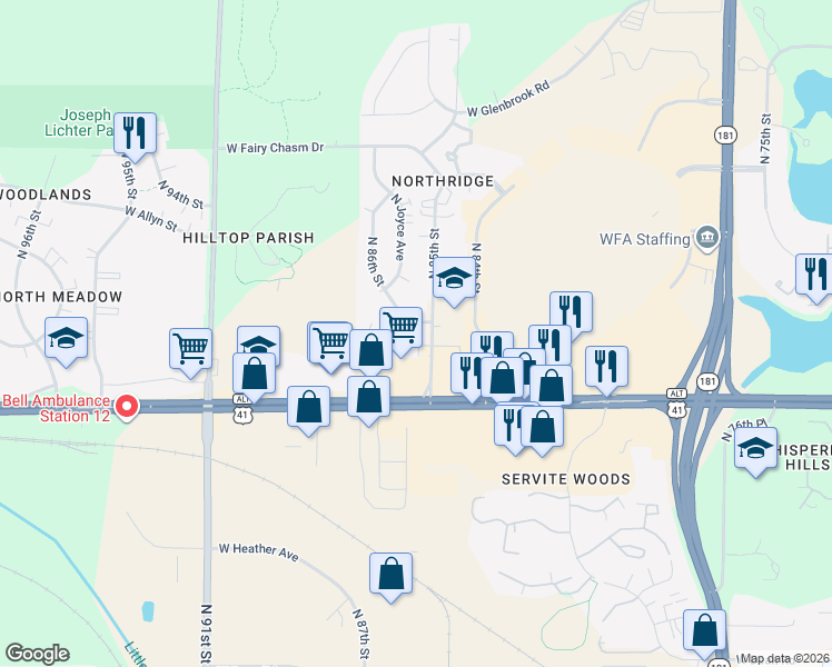 map of restaurants, bars, coffee shops, grocery stores, and more near 8950 North 86th Street in Milwaukee