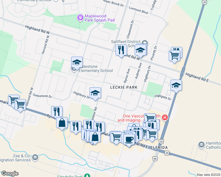 map of restaurants, bars, coffee shops, grocery stores, and more near 6 Slinger Crescent in Hamilton