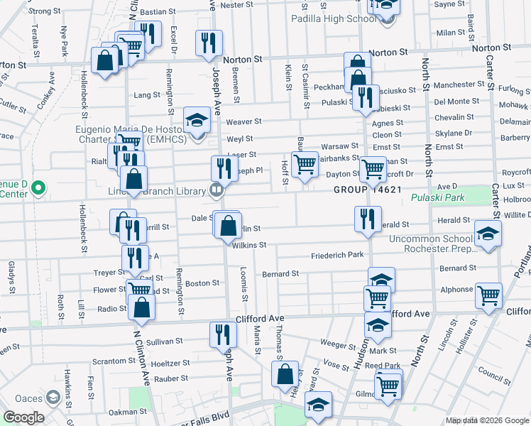 map of restaurants, bars, coffee shops, grocery stores, and more near 665 Avenue D in Rochester