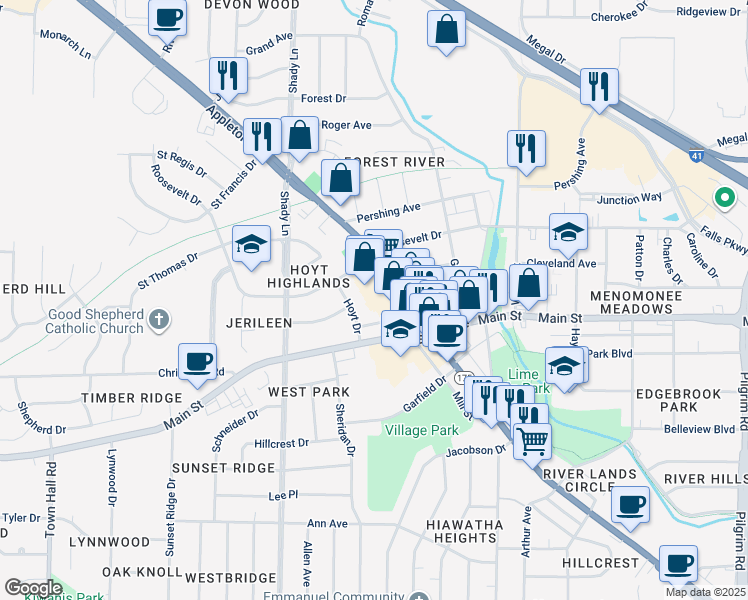 map of restaurants, bars, coffee shops, grocery stores, and more near 16813 Appleton Avenue in Menomonee Falls