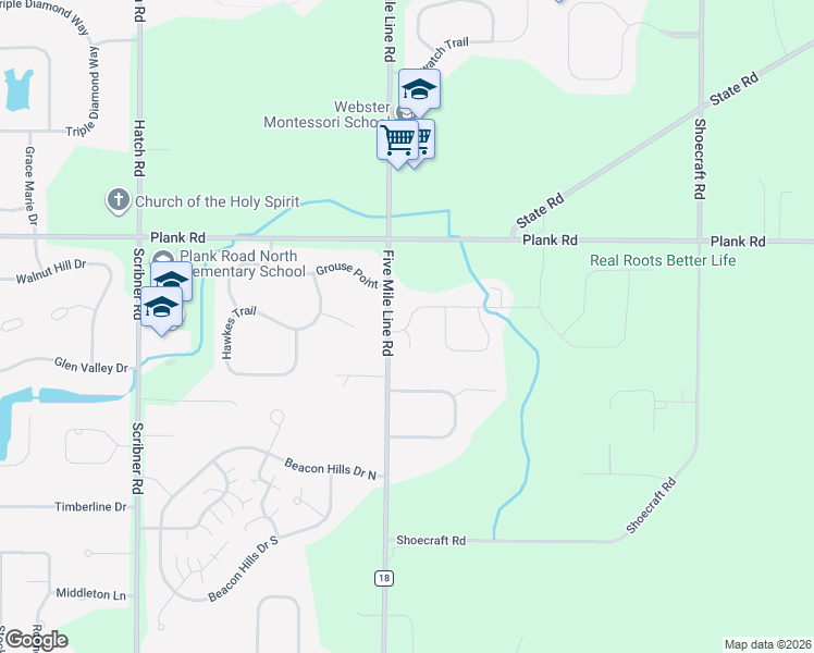 map of restaurants, bars, coffee shops, grocery stores, and more near 5 Kings Mill Court in Penfield