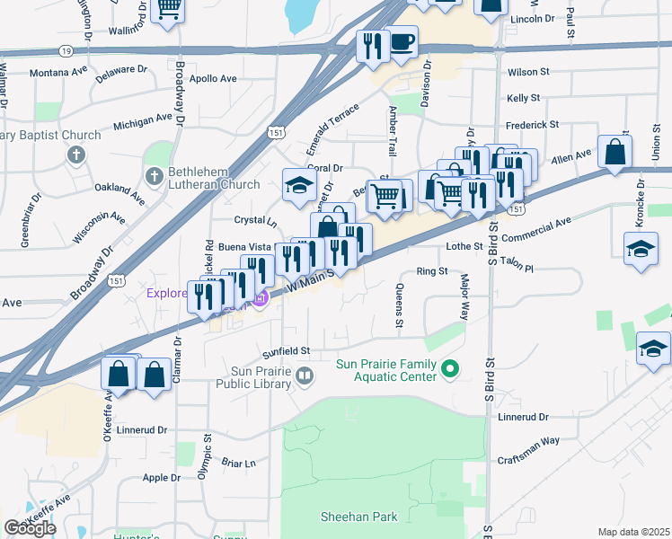 map of restaurants, bars, coffee shops, grocery stores, and more near 1223 West Main Street in Sun Prairie