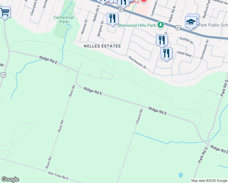 map of restaurants, bars, coffee shops, grocery stores, and more near 155 Ridge Road East in Grimsby