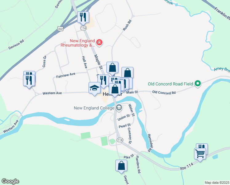 map of restaurants, bars, coffee shops, grocery stores, and more near 24 Rush Road in Henniker