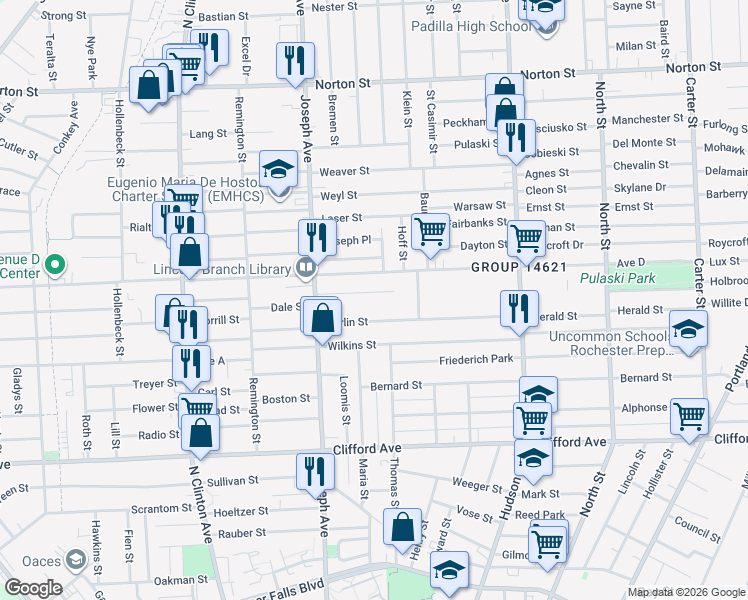 map of restaurants, bars, coffee shops, grocery stores, and more near 665 Avenue D in Rochester