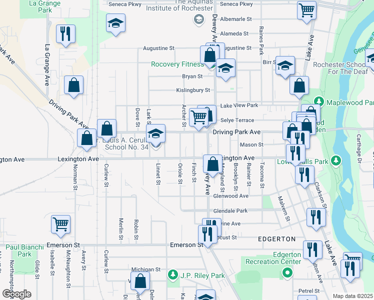 map of restaurants, bars, coffee shops, grocery stores, and more near 218 Oriole Street in Rochester