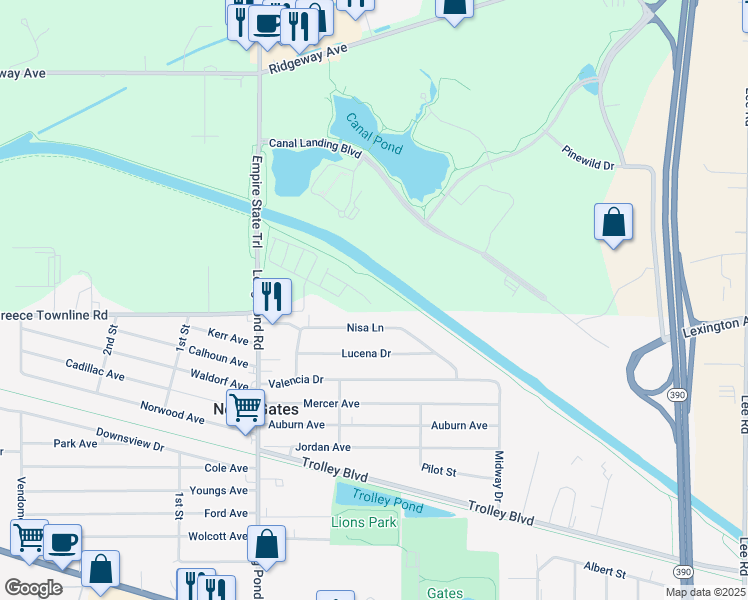 map of restaurants, bars, coffee shops, grocery stores, and more near 75 Samuel Way in Rochester