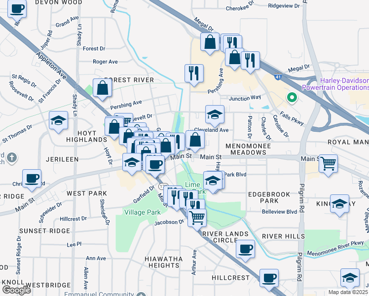 map of restaurants, bars, coffee shops, grocery stores, and more near N88W16460 Main Street in Menomonee Falls