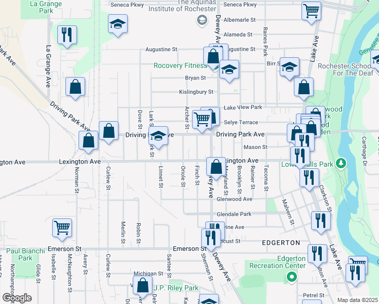 map of restaurants, bars, coffee shops, grocery stores, and more near 414 Lexington Avenue in Rochester