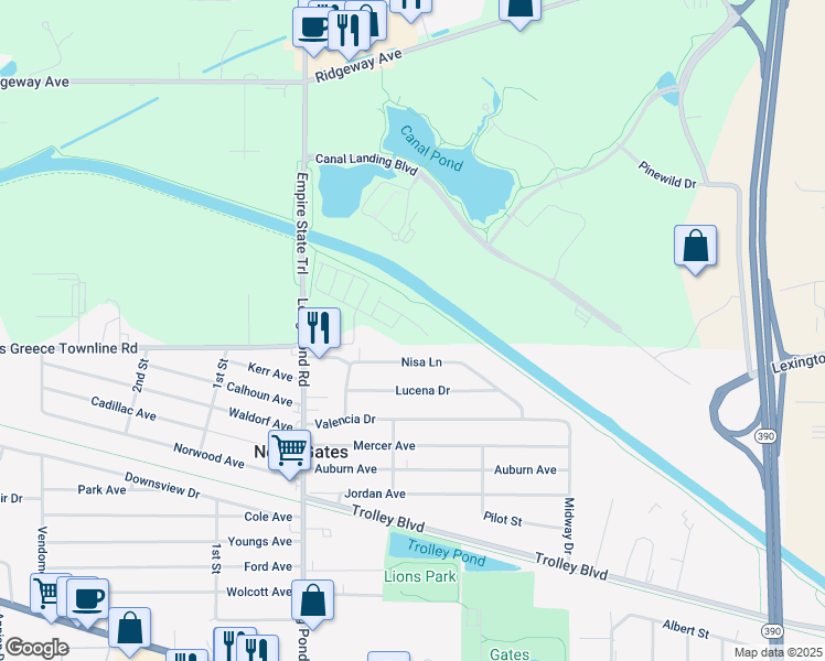 map of restaurants, bars, coffee shops, grocery stores, and more near 75 Samuel Way in Rochester