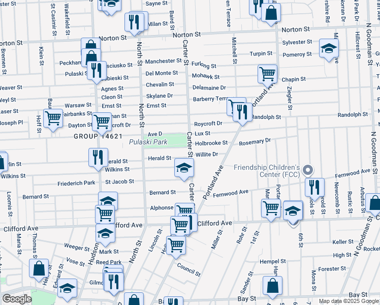 map of restaurants, bars, coffee shops, grocery stores, and more near 211 Carter Street in Rochester