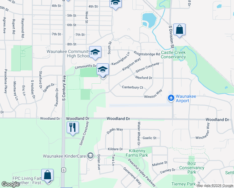 map of restaurants, bars, coffee shops, grocery stores, and more near 102 Canterbury Court in Waunakee