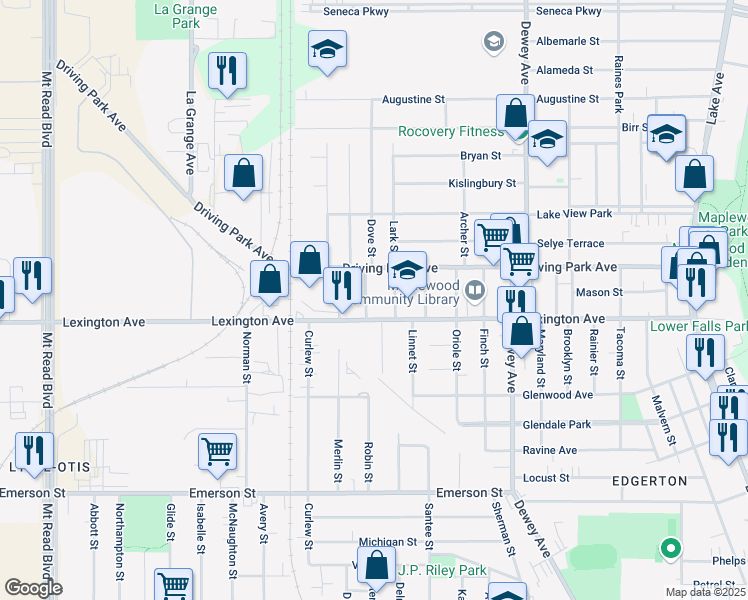 map of restaurants, bars, coffee shops, grocery stores, and more near in Rochester