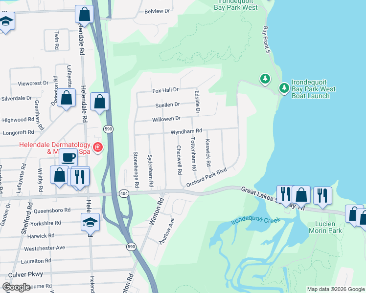 map of restaurants, bars, coffee shops, grocery stores, and more near 153 Wyndham Road in Rochester