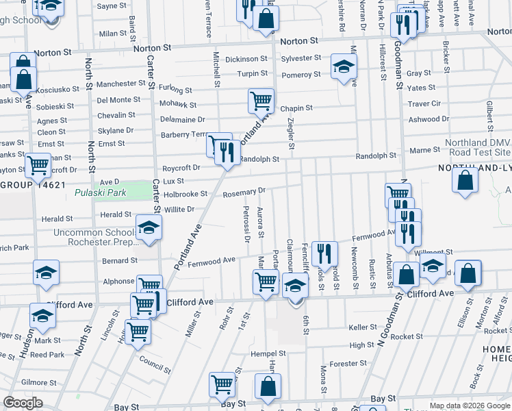 map of restaurants, bars, coffee shops, grocery stores, and more near 117 Rosemary Drive in Rochester