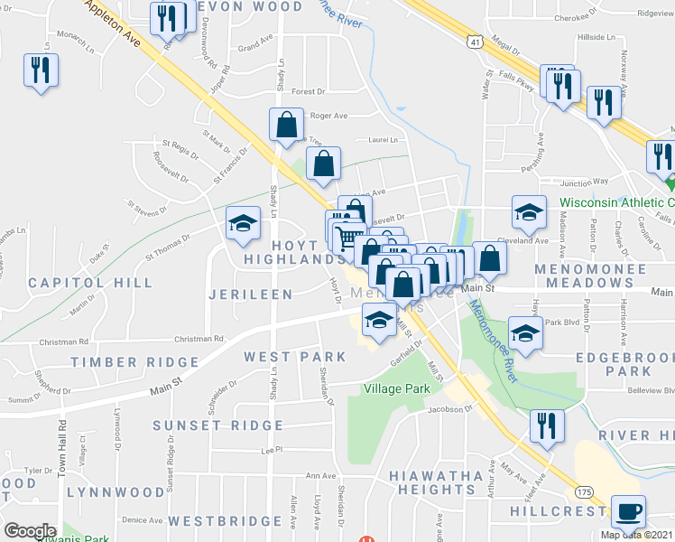 map of restaurants, bars, coffee shops, grocery stores, and more near in Menomonee Falls