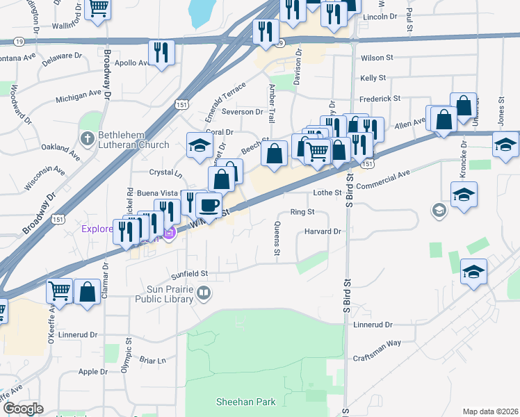 map of restaurants, bars, coffee shops, grocery stores, and more near 1140 West Main Street in Sun Prairie