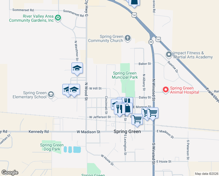 map of restaurants, bars, coffee shops, grocery stores, and more near 445 Cincinnati Street in Spring Green