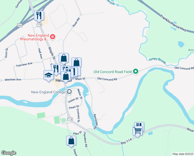 map of restaurants, bars, coffee shops, grocery stores, and more near 90 Old Concord Road in Henniker
