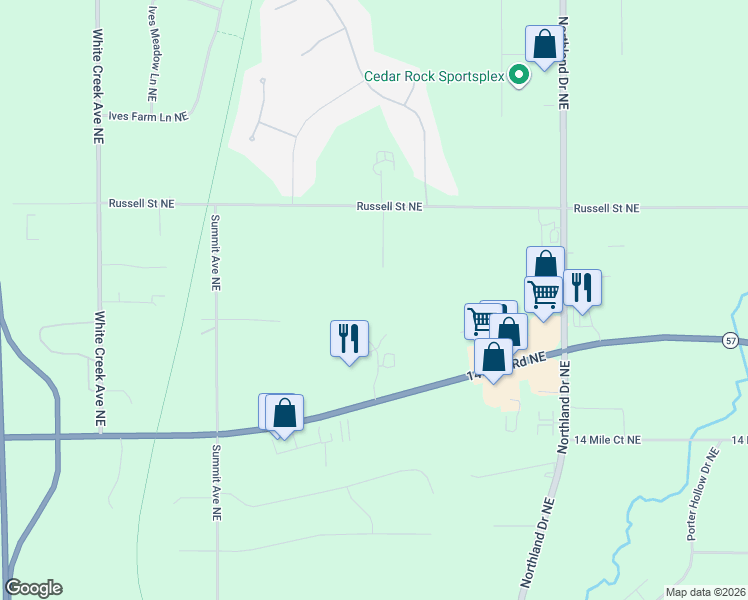 map of restaurants, bars, coffee shops, grocery stores, and more near 11870 Lindsey Drive in Cedar Springs