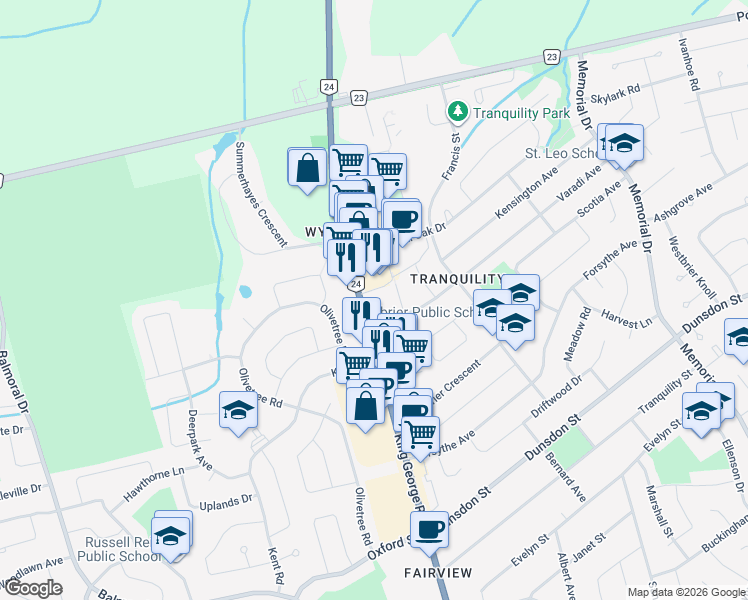 map of restaurants, bars, coffee shops, grocery stores, and more near 300 King George Road in Brantford